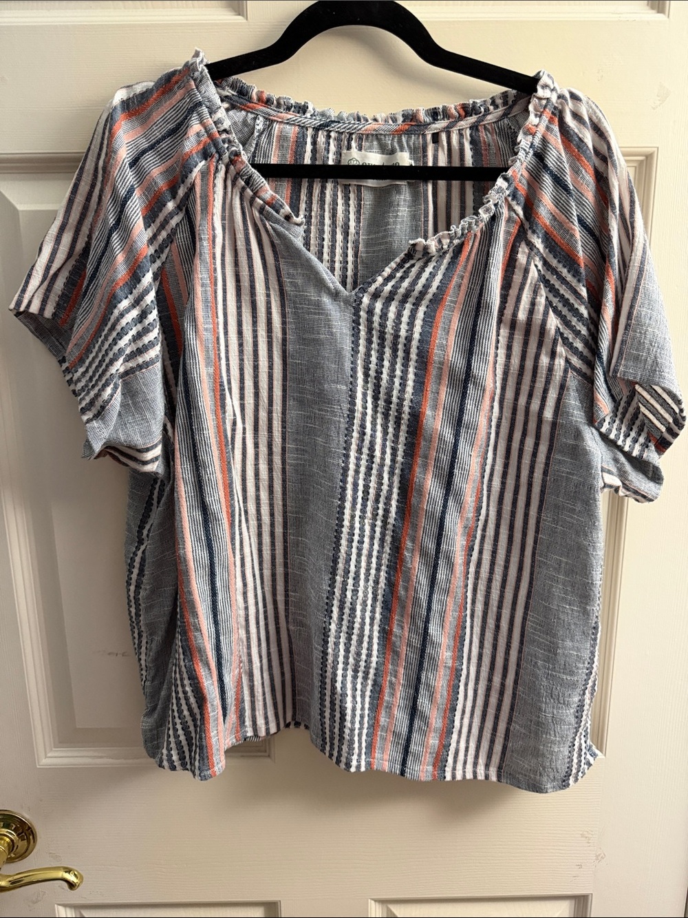 Aventura Striped Peasant Blouse in Blue, White & Coral
